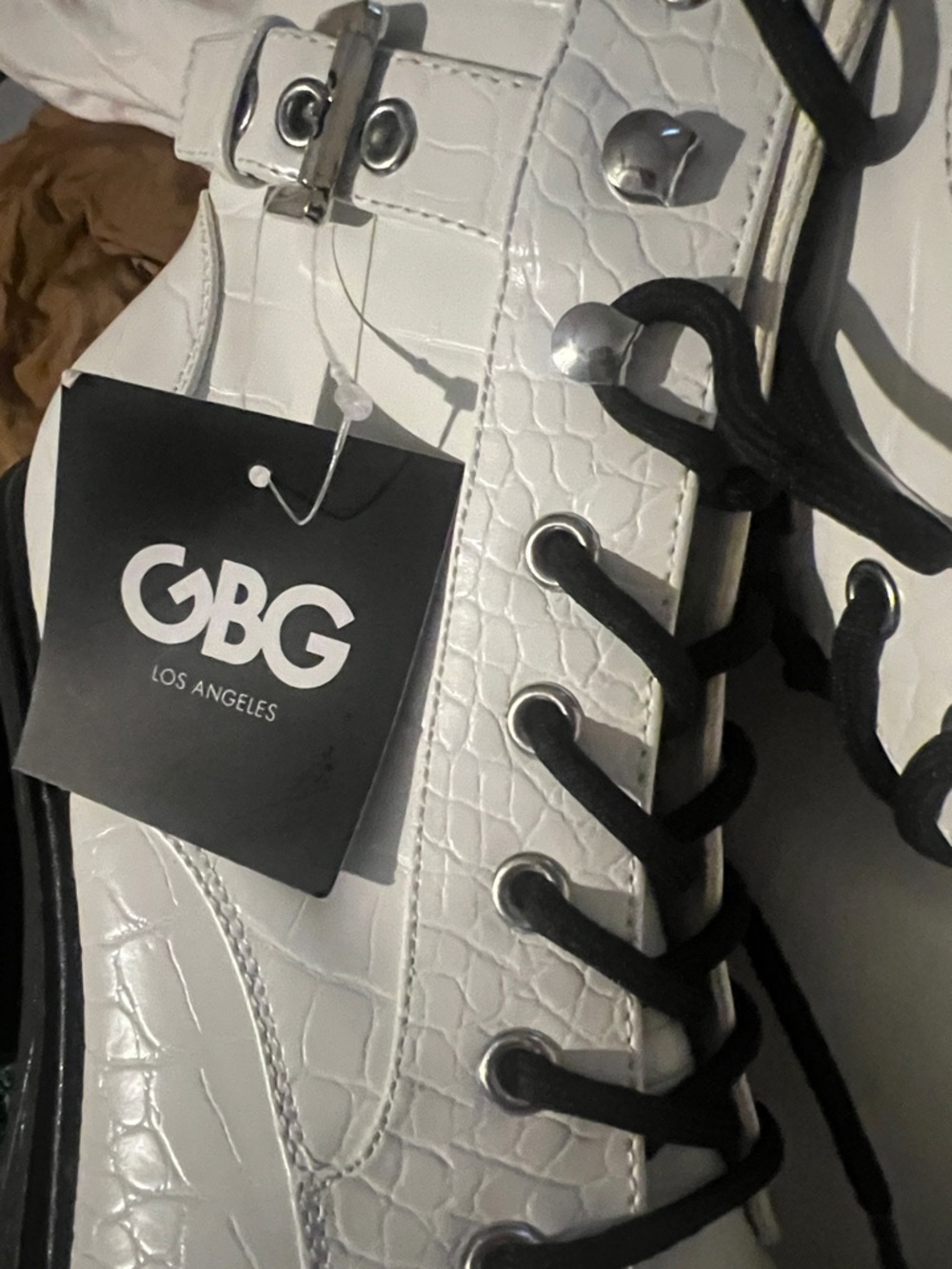GBG Los Angeles White Faux-Croc Lace-Up Boots with Black Laces